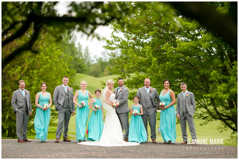 wedding party, bride, groom, bridesmaids, groomsmen, Blue and coral wedding, teal and coral wedding, aqua and coral wedding, summer wedding, Minnesota wedding venues, Minnesota wedding inspiration, outdoor wedding, outdoor ceremony, Royal Golf Club, Sweet Peas Floral, Buttercream Wedding Cakes, GenerationNOW Entertinament, Paper Source, Spa Beauty Agency, Wedding Shoppe Inc, Morilee Bridal, Bill Levkoff, Men’s Wearhouse, Jeannine Marie Photography, Minnesota wedding photographer, Saint Paul wedding photographer, Minnesota Bride, Twin Cities wedding photographer, Minnesota engagement photographer