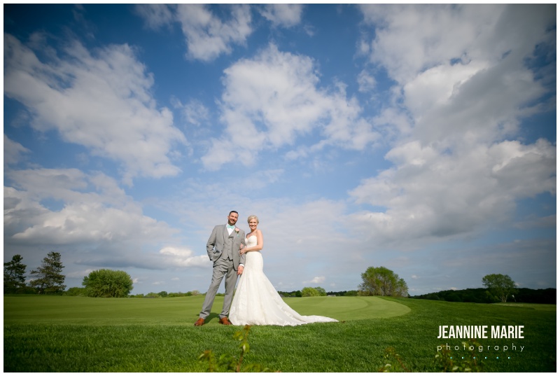 bride, groom, blue skies, grass, portraits, Blue and coral wedding, teal and coral wedding, aqua and coral wedding, summer wedding, Minnesota wedding venues, Minnesota wedding inspiration, outdoor wedding, outdoor ceremony, Royal Golf Club, Sweet Peas Floral, Buttercream Wedding Cakes, GenerationNOW Entertinament, Paper Source, Spa Beauty Agency, Wedding Shoppe Inc, Morilee Bridal, Bill Levkoff, Men’s Wearhouse, Jeannine Marie Photography, Minnesota wedding photographer, Saint Paul wedding photographer, Minnesota Bride, Twin Cities wedding photographer, Minnesota engagement photographer