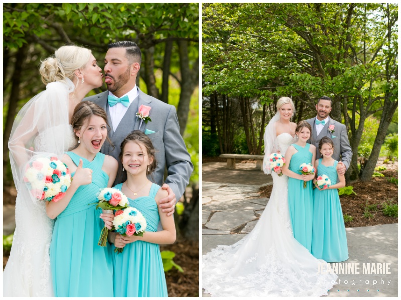 bride, groom, daughters, family portraits, Blue and coral wedding, teal and coral wedding, aqua and coral wedding, summer wedding, Minnesota wedding venues, Minnesota wedding inspiration, outdoor wedding, outdoor ceremony, Royal Golf Club, Sweet Peas Floral, Buttercream Wedding Cakes, GenerationNOW Entertinament, Paper Source, Spa Beauty Agency, Wedding Shoppe Inc, Morilee Bridal, Bill Levkoff, Men’s Wearhouse, Jeannine Marie Photography, Minnesota wedding photographer, Saint Paul wedding photographer, Minnesota Bride, Twin Cities wedding photographer, Minnesota engagement photographer
