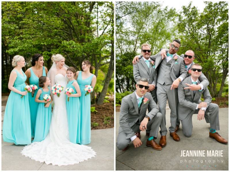 bride, groom, bridesmaids, blue bridesmaids dresses, bouquets, groomsmen, gray suits, Blue and coral wedding, teal and coral wedding, aqua and coral wedding, summer wedding, Minnesota wedding venues, Minnesota wedding inspiration, outdoor wedding, outdoor ceremony, Royal Golf Club, Sweet Peas Floral, Buttercream Wedding Cakes, GenerationNOW Entertinament, Paper Source, Spa Beauty Agency, Wedding Shoppe Inc, Morilee Bridal, Bill Levkoff, Men’s Wearhouse, Jeannine Marie Photography, Minnesota wedding photographer, Saint Paul wedding photographer, Minnesota Bride, Twin Cities wedding photographer, Minnesota engagement photographer