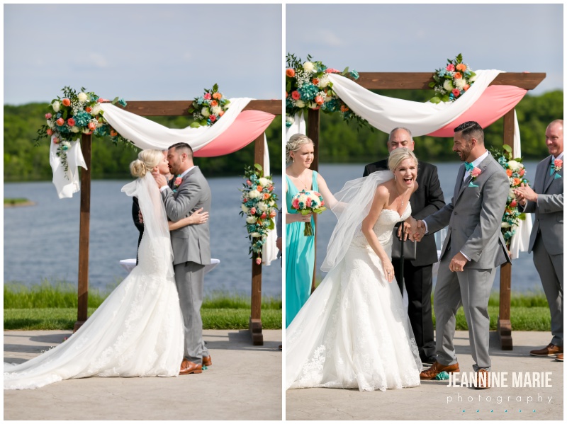 ceremony, lakeside ceremony, outdoor ceremony, Blue and coral wedding, teal and coral wedding, aqua and coral wedding, summer wedding, Minnesota wedding venues, Minnesota wedding inspiration, outdoor wedding, outdoor ceremony, Royal Golf Club, Sweet Peas Floral, Buttercream Wedding Cakes, GenerationNOW Entertinament, Paper Source, Spa Beauty Agency, Wedding Shoppe Inc, Morilee Bridal, Bill Levkoff, Men’s Wearhouse, Jeannine Marie Photography, Minnesota wedding photographer, Saint Paul wedding photographer, Minnesota Bride, Twin Cities wedding photographer, Minnesota engagement photographer