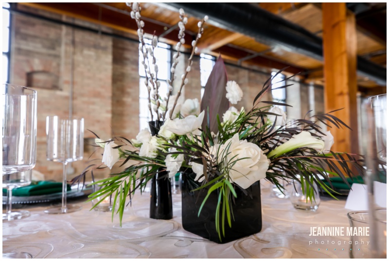 centerpieces, indoor wedding, black and hunter green wedding, hunter green wedding, Minneapolis venue, unique Twin Cities wedding venues, The Essence Event Center, Keyed Up Events, Jeannine Marie Photography, Studio B Floral Designs, Epitome Papers, Festivities, Chowgirls Catering, 139 Hair by Heidi, LHN Beauty, The Wedding Shoppe, Wtoo by Watters, The Jeweler Ryan, SuitShop, Jim’s Formalwear, GiftedGroom, Emily Theisen