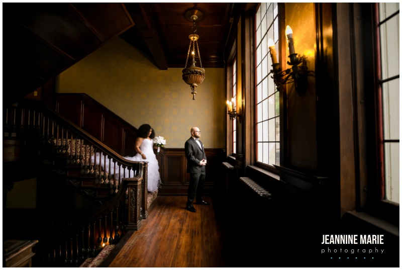 staircase, first look, bride, groom, couple portraits, Semple Mansion, Positively Charmed, micro wedding, mansion wedding, Minneapolis mansion wedding, Twin Cities micro wedding, Minneapolis micro wedding, Jeannine Marie Photography, Minneapolis wedding photographer, Twin Cities wedding photographer, Saint Paul wedding photographer, pandemic wedding, covid wedding, micro wedding, intimate wedding, small wedding