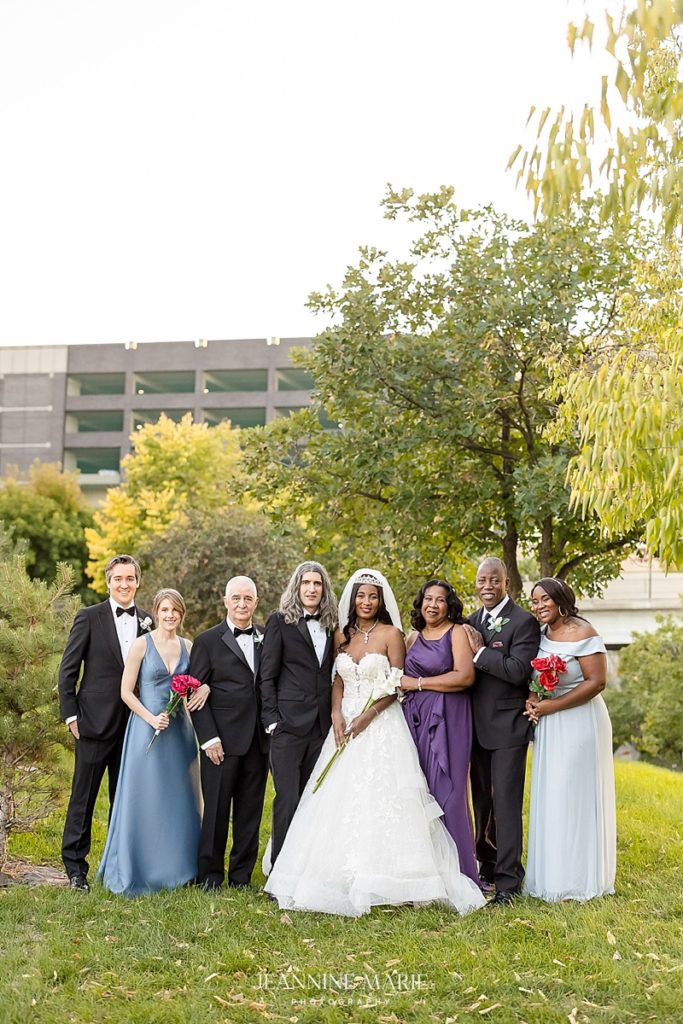Watson Block, Wedding, Minneapolis, Interracial couple, outdoor, bride, groom, dress, black and white, portrait, bridesmaids, groomsmen
