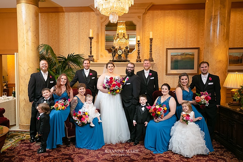 Family, Bridesmaids, Groomsmen, Chandelier, Dress, Suit, Flowers, Bouquet, Hotel, Wedding, Wallpaper, Candles, Decor