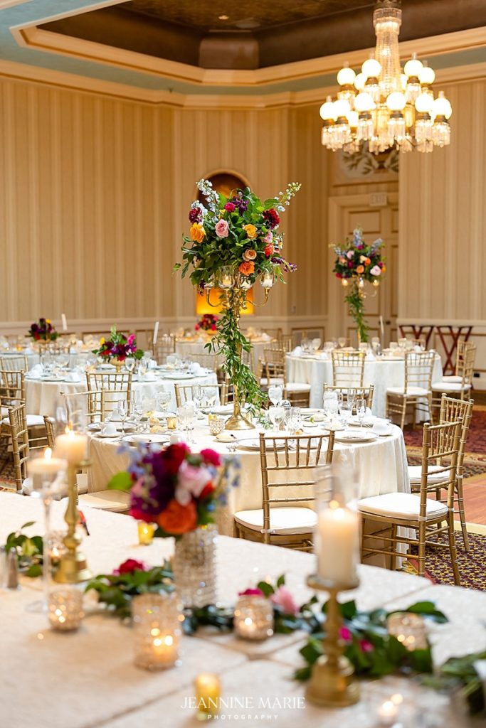 Flowers, Chandelier, Tables, Table Cloths, Candles, Chairs, Decor, Crown Molding, Paneling, Vase, Fancy, White, Interior Design, Wedding