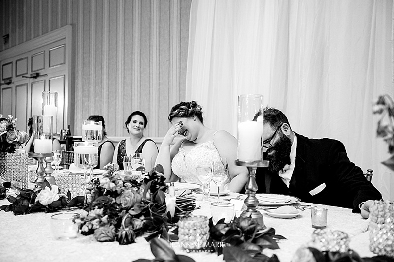 Speech, Family, Suit, Dress, Groomsmen, Bridesmaids, Bride, Groom, Paneling, Flowers, Dress, Hair, Funny, Touching, Black and White