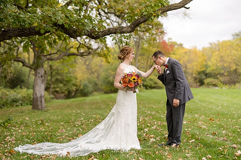 Outdoor, Fall, Wedding, Dress, Kiss, Hand, Flowers, Bouquet, Suit, Bride, Groom, Trees, Minnesota, Cottage Grove, Photography, Portrait