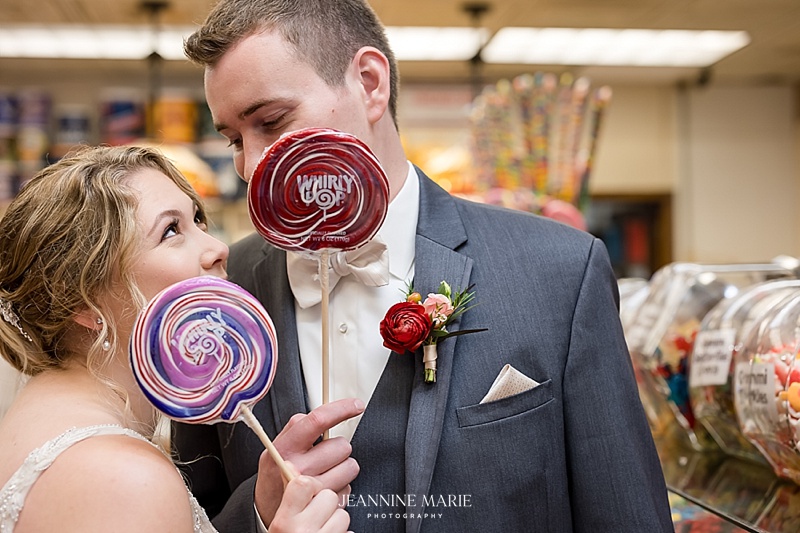 Lolly Pops, Candy, Candyland, St. Paul, Minnesota, Suit, Dress, Love, Funny, Silly, Bow Tie, Store, Minnesota, Bride, Groom, Portrait, Photography