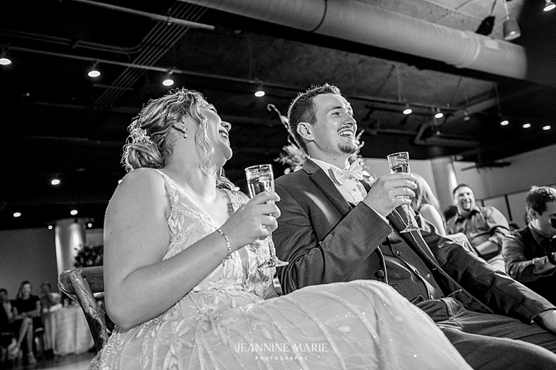 Laughing, Bride, Groom, Speech, Dress, Suit, Drinks, Black and White, Portrait, Photography, Lights, Family, Friends