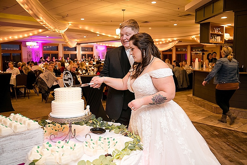 Cutting the cake, Cake Topper, Bride, Groom, Party, Wedding, Reception, Killarney Golf Course, Wisconsin, Portrait, Photography