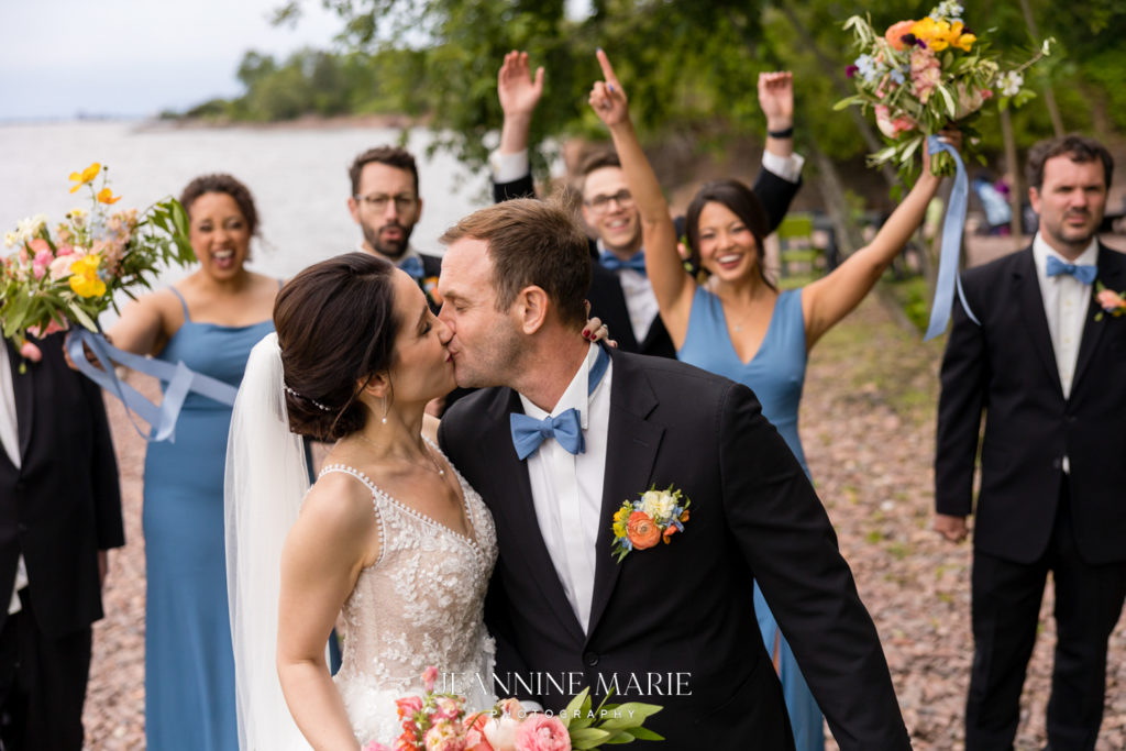 Portrait of wedding party at the lake photographed by photographer Jeannine Marie Photography