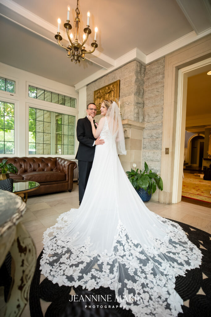 twin cities mansion venues, wedding couple in front of fireplace
