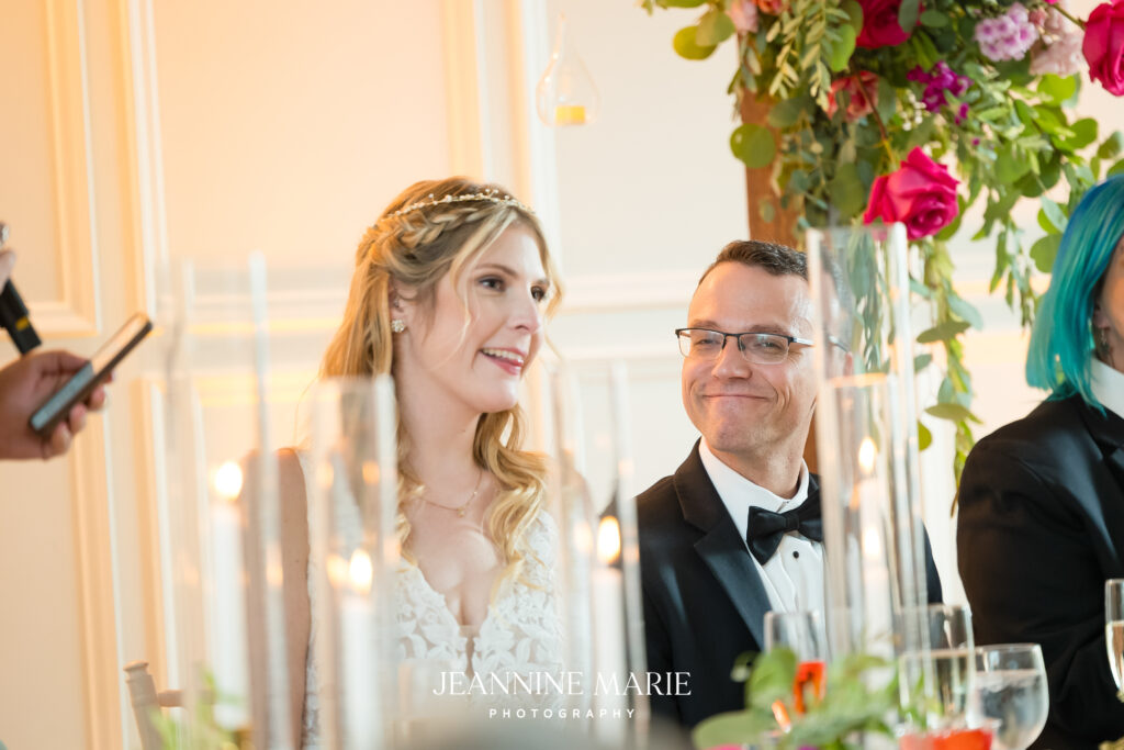 married couple reactions to wedding toasts at the saint paul mansion wedding venue